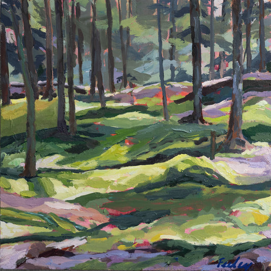 Squantum point moss, 12” x 12”, layers of acrylic, oil paint on birch panel, framed
