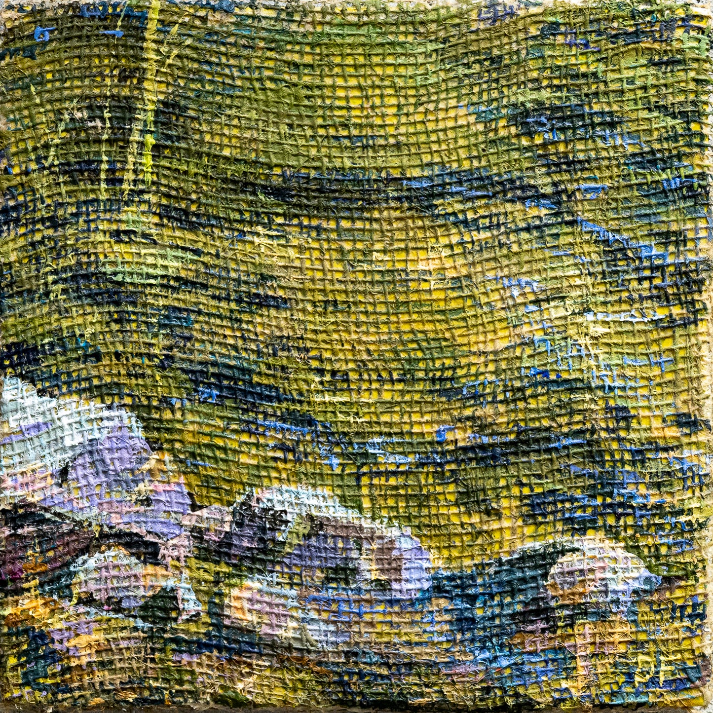 Secret perch on Echo 10” x 10”, acrylic paint over garden burlap on birch panel