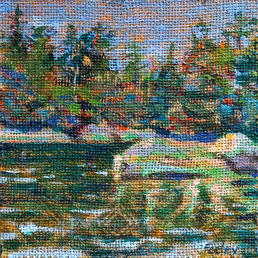 Evening Tooling Around 8” x 8” acrylic paint on Coffee bag sisal on birch panel