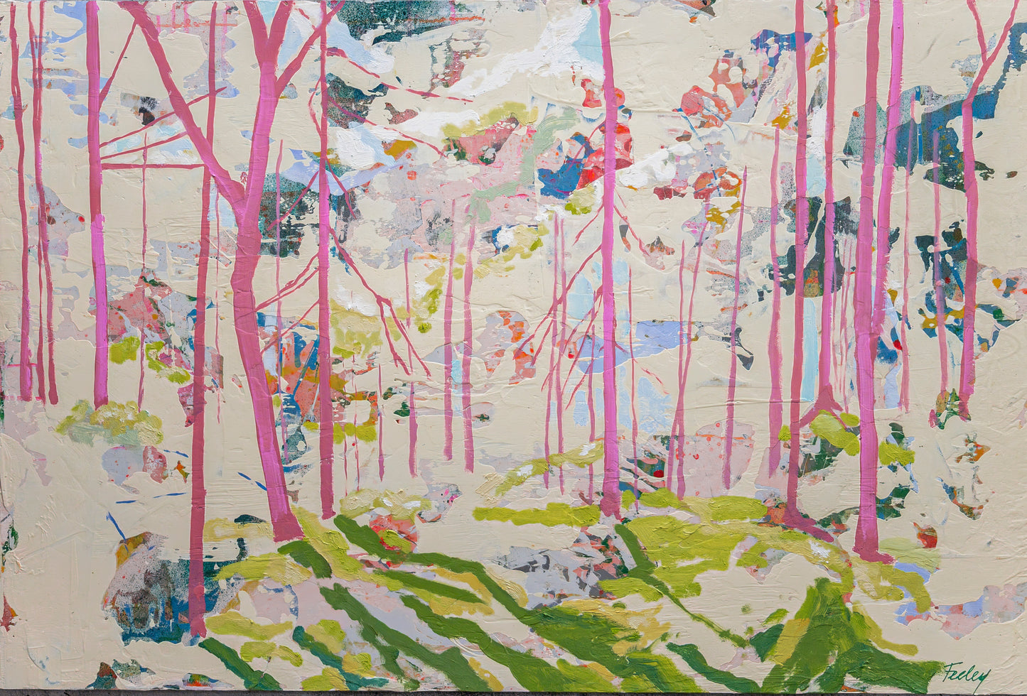 South Causeway Light. 24” x 36”  Poured latex paint and oil paints and oil sticks on birch panel