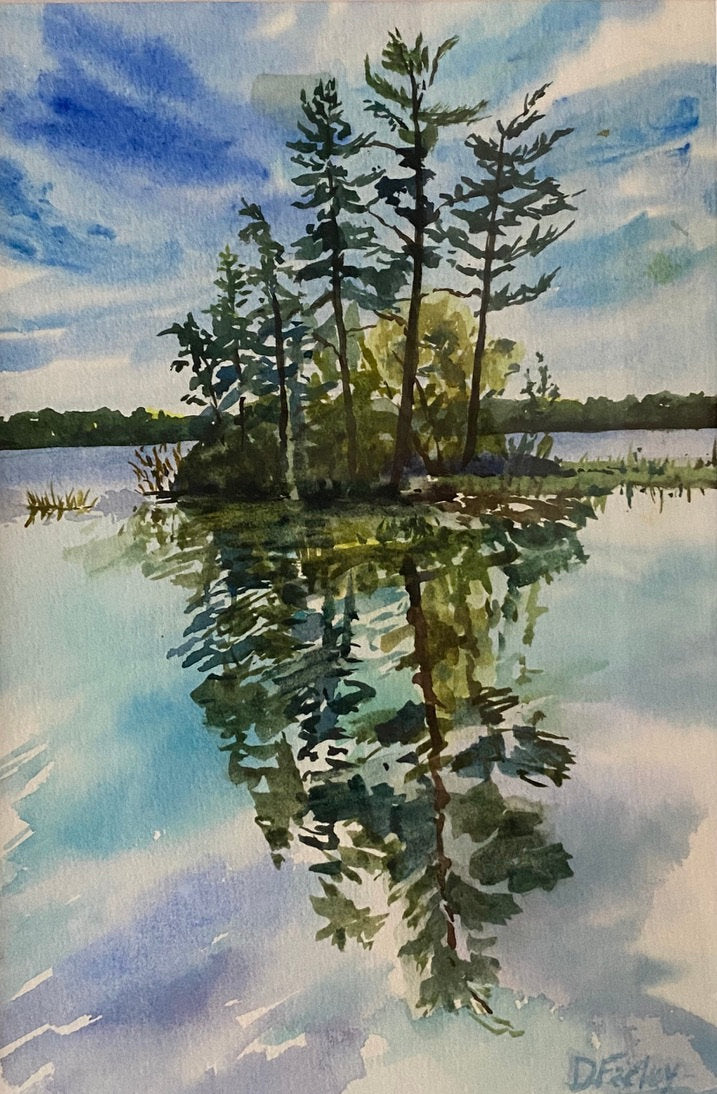 Pond View 1, 6" x 9" Watercolour on paper, matted, framed with glass
