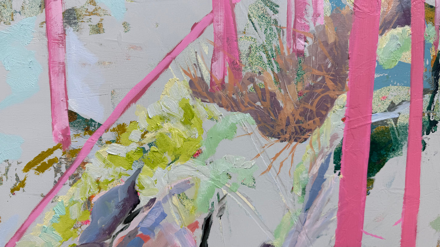 Valley Trail, 30” x 40”, poured latex paint, oil paint and oil sticks on birch panel