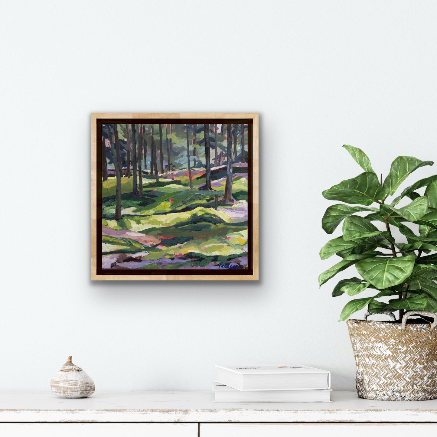 Squantum point moss, 12” x 12”, layers of acrylic, oil paint on birch panel, framed