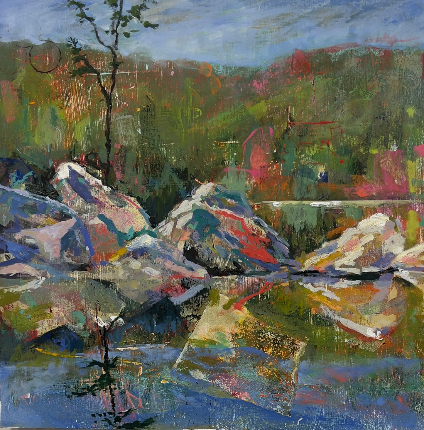 Never Regret a Swim,  20" x 20" Collage, Writing, Acrylic, Oil Sticks and Oil Paint on Cradled birch.