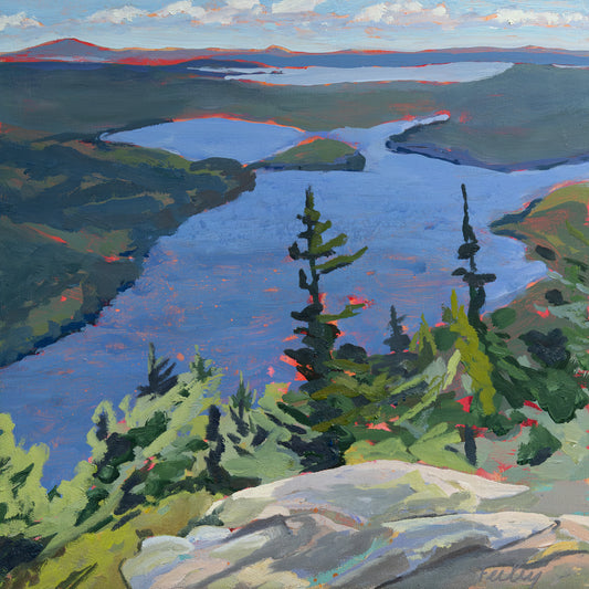 Long Pond from Beech 12” x 12”, layers of acrylic, oil paint on birch panel, framed