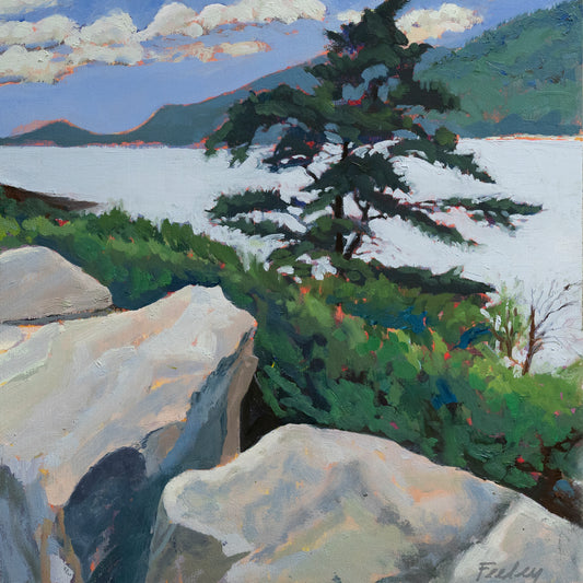 Silver light on the Sound 12” x 12”, layers of acrylic, oil paint on birch panel, framed