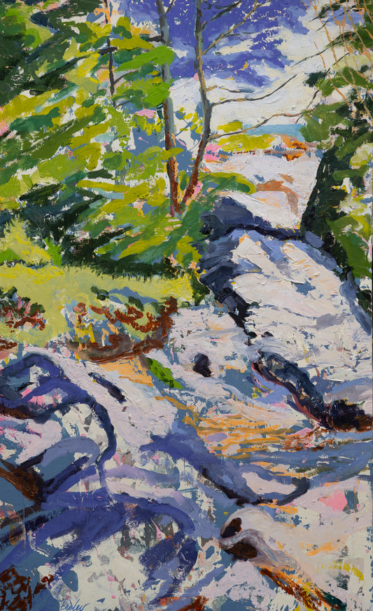 Beech Mountain, the western path. Size:22” x 36”, poured latex paint, oil paint and oil sticks on birch panel.