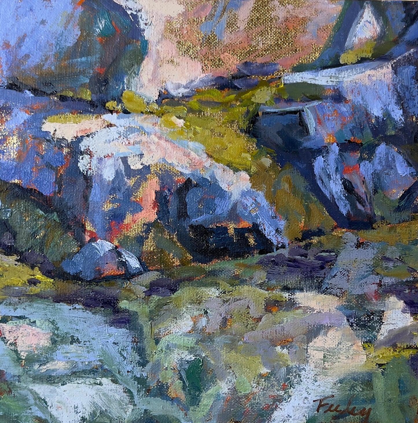 Rock and Dock, Available through Cygnet Gallery, Southwest Harbor, 10" x 10" Gold Leaf & Oil on Wood Board