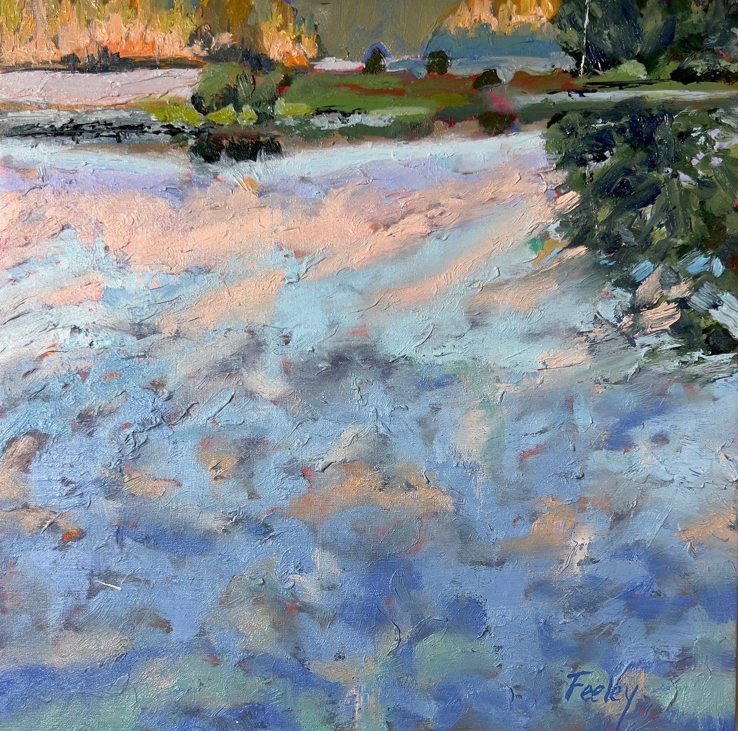 Mill Pond Light Show, Available through Cygnet Gallery, Southwest Harbor, ME. 10" x 10", oil on Birch