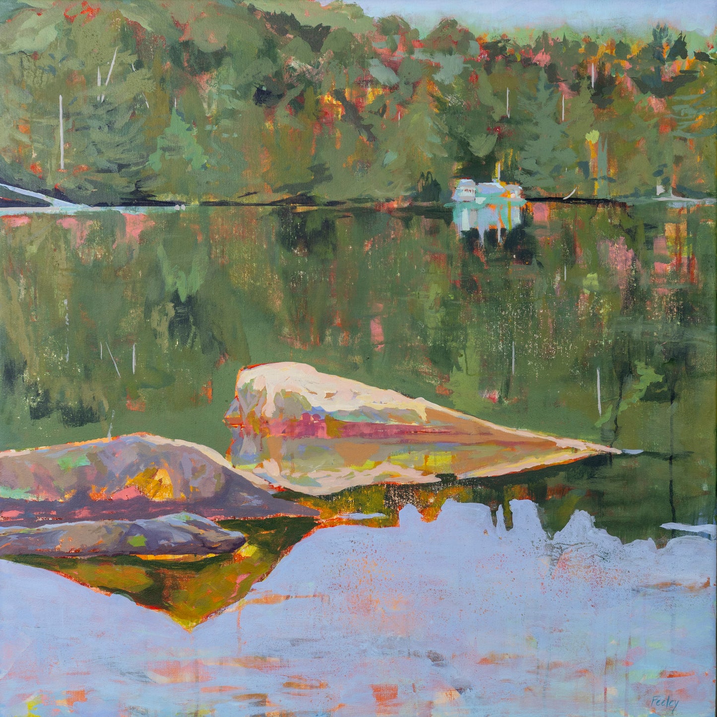 Across to Camp, Available through Cygnet Gallery, Southwest Harbor, ME. 36" x 36", Acrylic on Canvas, framed