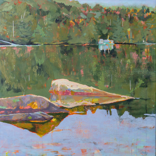 Across to Camp, Available through Cygnet Gallery, Southwest Harbor, ME. 36" x 36", Acrylic on Canvas, framed