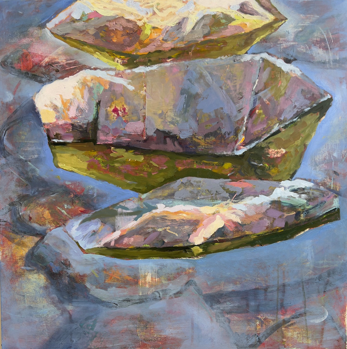 Compassion, 20" x 20", Available through Cygnet Gallery, Mixed media on Birch panel. acrylic, collage, oil & oil stick.