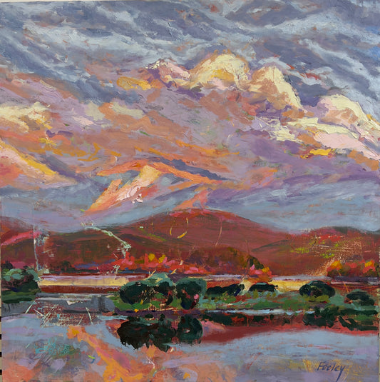 Mill Pond Dusk, Available through Cygnet Gallery, Southwest Harbor, ME. 20" x 20", Collage, Acrylic and oil on cradled birch.