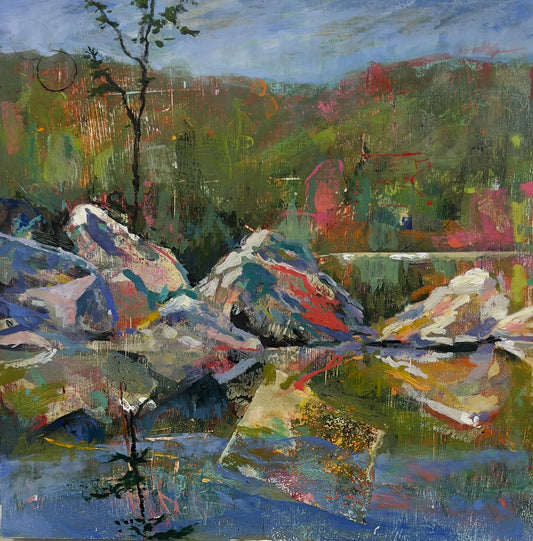 Never Regret a Swim,  20" x 20" Collage, Writing, Acrylic, Oil Sticks and Oil Paint on Cradled birch.